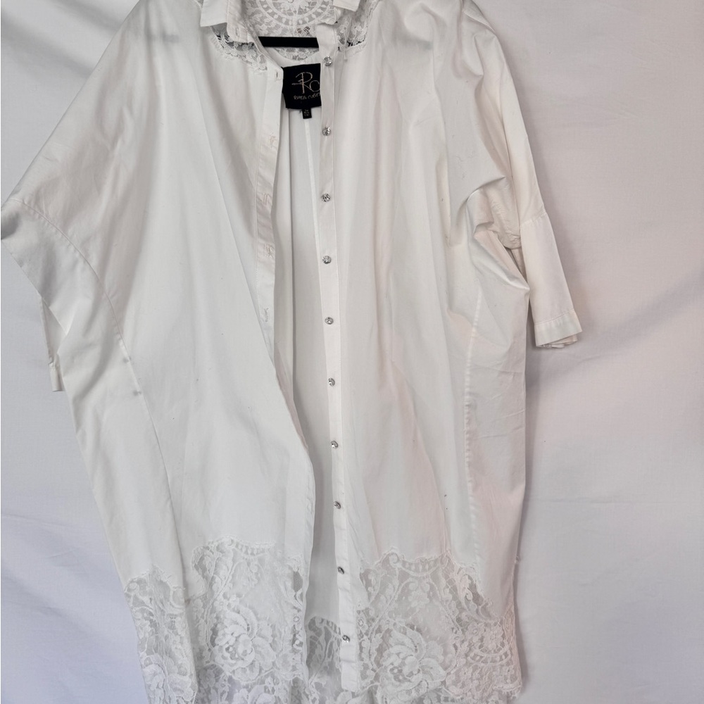 White Lace Trim Button-Up Shirt